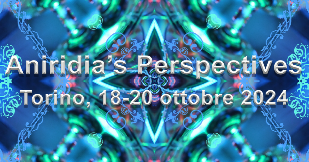 Un caleidoscopio di forme romboidali azzurre e verdeacqua si apre di fronte a noi con la scritta: Aniridia's Perspectives - 18-20 ottobre 2024, Torino