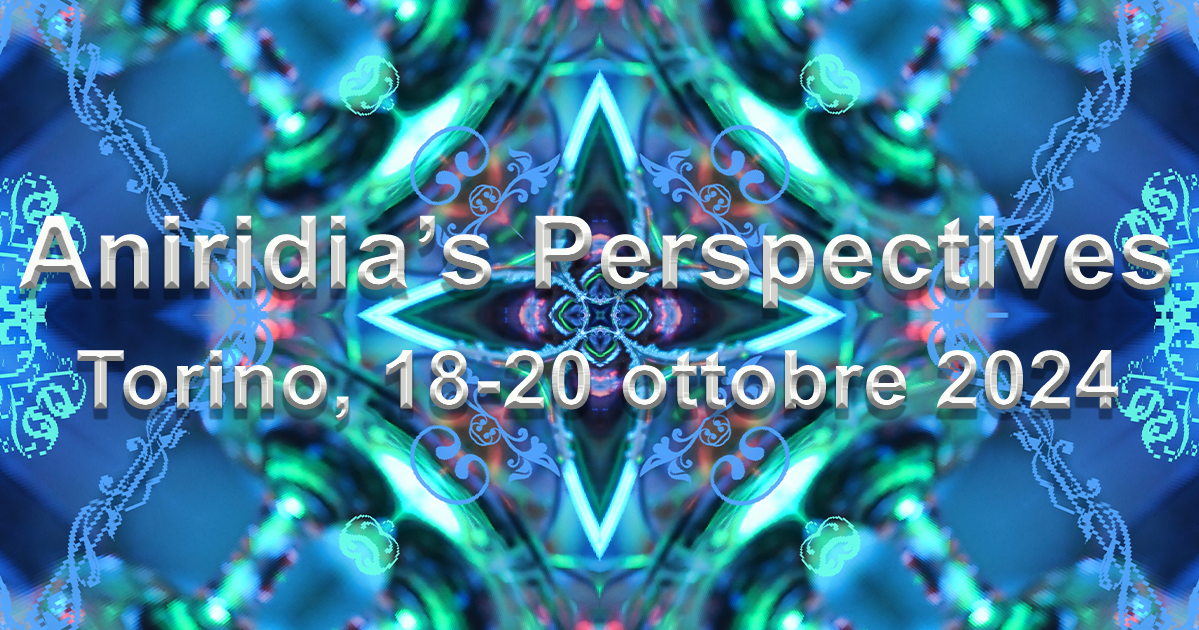 Un caleidoscopio di forme romboidali azzurre e verdeacqua si apre di fronte a noi con la scritta: Aniridia's Perspectives - 18-20 ottobre 2024, Torino